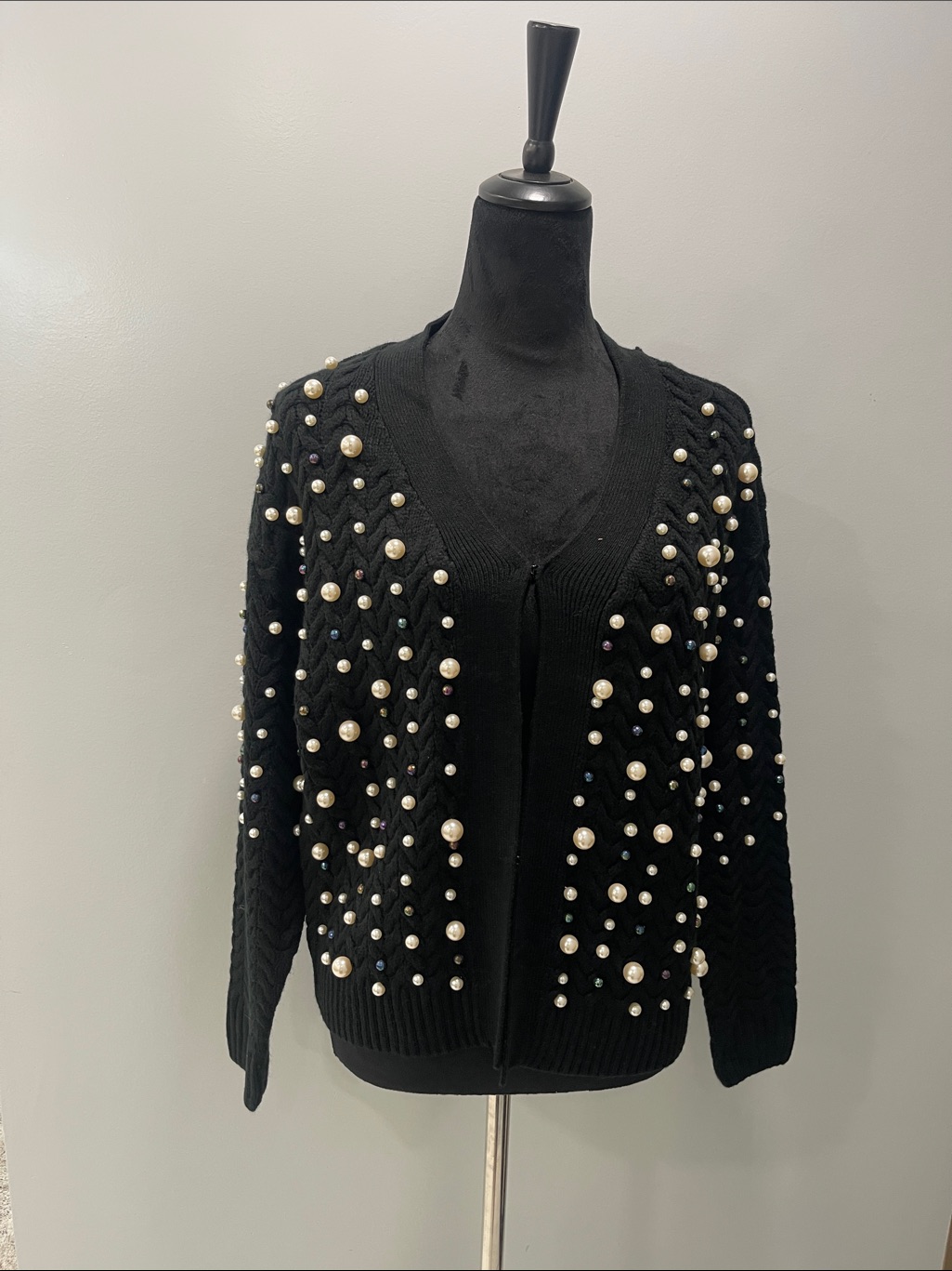 Boston Proper Black Pearl-Studded V-Neck Cardigan
